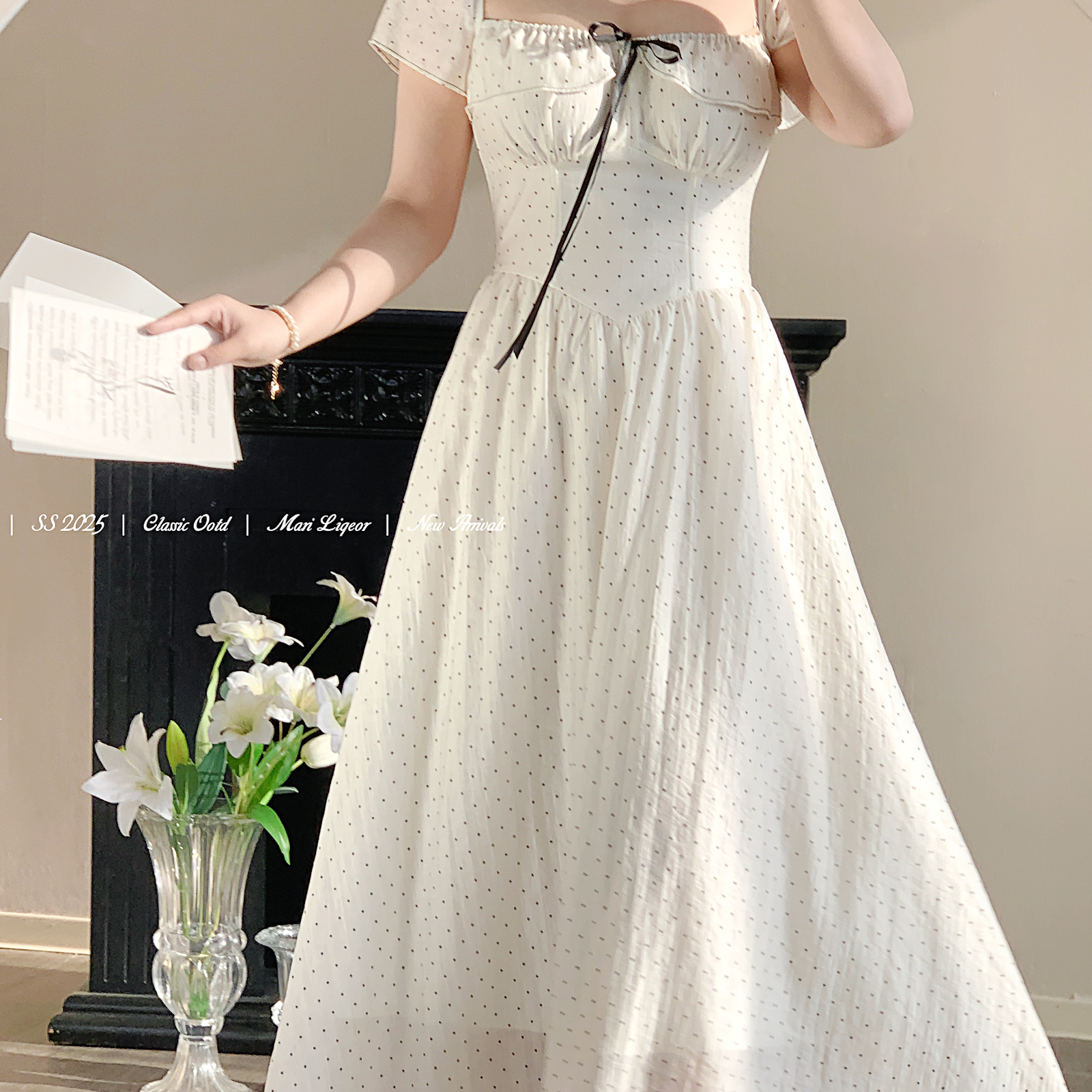 天丝透气提花浪漫波点鱼骨裙女