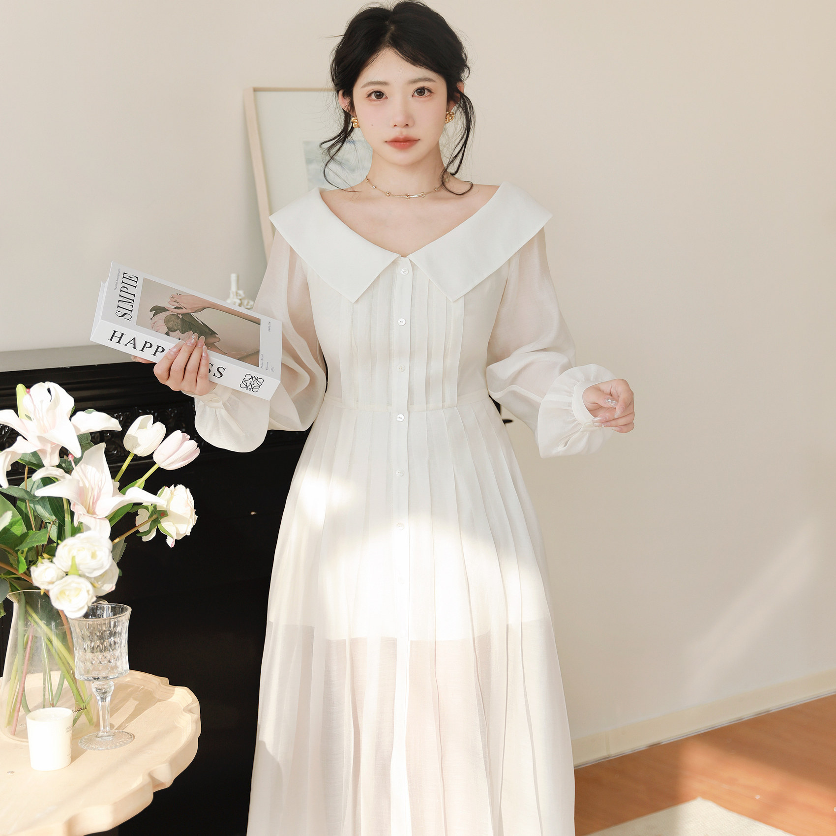 黑茉莉与甜酒 古董百合 重工风琴褶仙女感微透裙摆天丝连衣裙女夏
