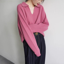 JOJOZ 复古干玫瑰V翻领宽松长袖毛衣 100%美利奴羊毛温柔华夫格纹