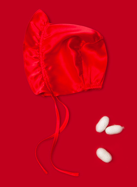 妞家新生婴儿真丝红色胎帽桑蚕丝满月中式宝宝缎面遮阳花边系带帽