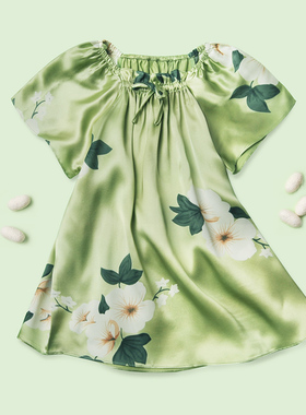 妞家儿童真丝睡裙女童绿色印花桑蚕丝睡衣宝宝连衣裙夏季女孩裙子