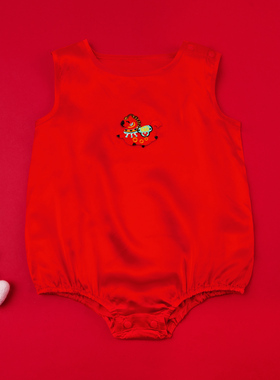 新生婴儿衣服宝宝真丝包屁衣满月新年过年拜年服红色桑蚕丝爬爬服