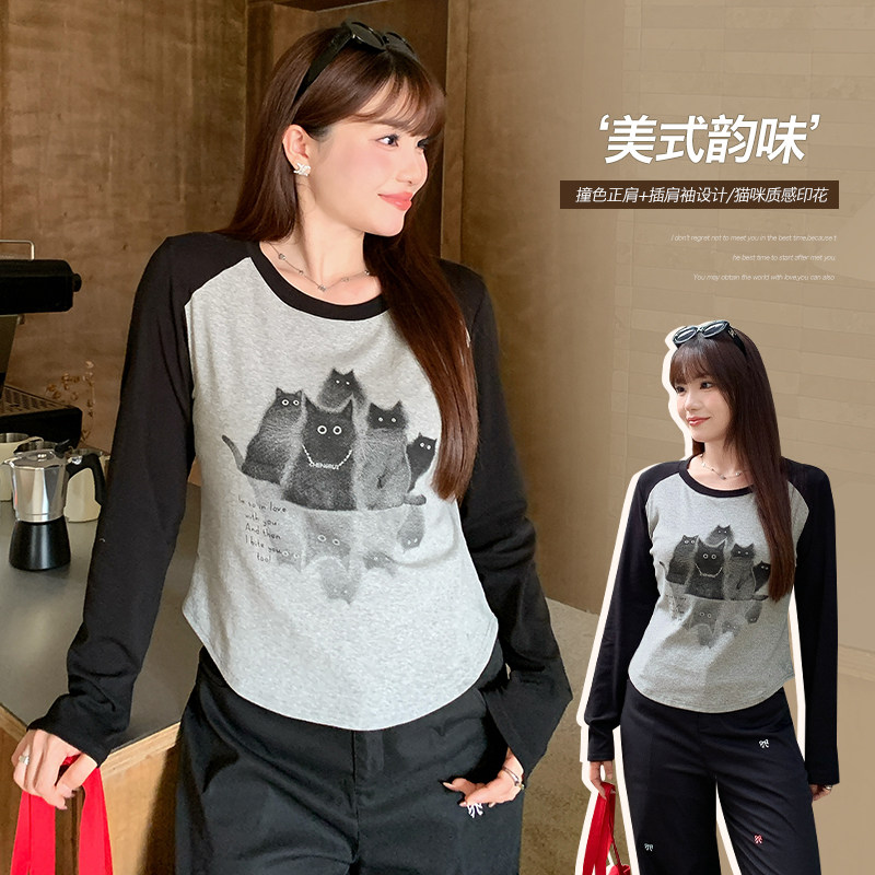 大码设计感小猫印花插肩袖T恤女装秋季胖mm遮肉显瘦百搭上衣65066