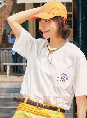 迷你宽松落肩白色刺绣短袖T恤女