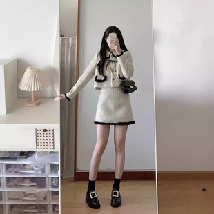 时尚套装女秋冬款韩版撞色翻领外套女+高腰A字裙包臀半身裙两件套