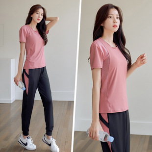 定制短袖长裤运动套装女健身瑜伽服速干宽松工作服印LOGO字