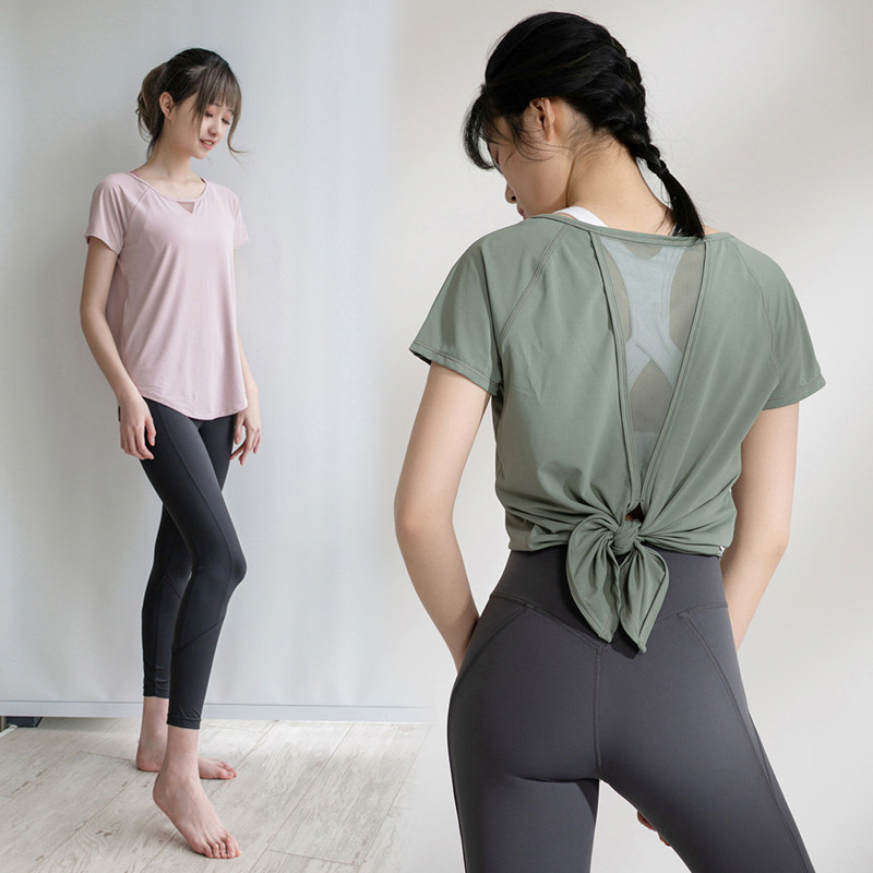 定制宽松瑜伽服女短袖t恤长款健身运动上衣速干扎蝴蝶结印logo字