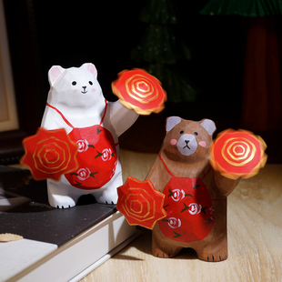 手工木雕小摆件可爱创意转手绢趣味东北文创礼物 小熊二人转