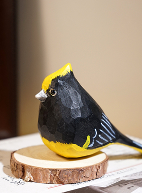 太平鸟手工木雕小鸟摆件