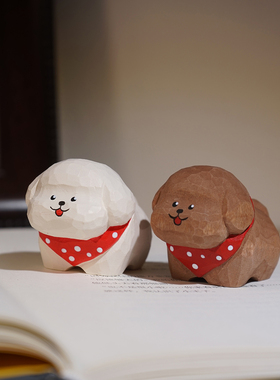 红围巾泰迪手工木雕小摆件