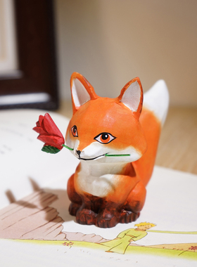 小王子狐狸玫瑰花手工木雕摆件