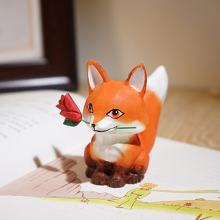 “献给永远的小王子”手工木雕摆件狐狸玫瑰花可爱浪漫礼物送女生