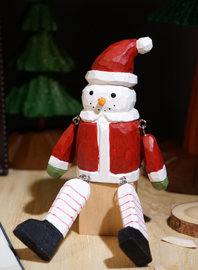 大长腿条纹裤圣诞雪人木雕摆件可爱工位摆放节日氛围感装饰品礼物