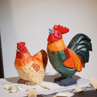 【精品版】手工木雕小摆件大公鸡母鸡工位办公室家居桌面装饰品