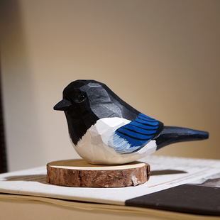 喜鹊手工木雕小鸟摆件卡通可爱动物办公室电视柜桌台面装饰品礼物