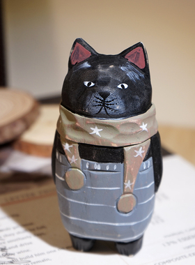 星星围脖黑猫手工木雕小摆件