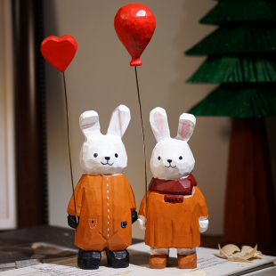 小兔举爱心气球手工木雕小摆件可爱卡通办公室桌面装饰品女生礼物