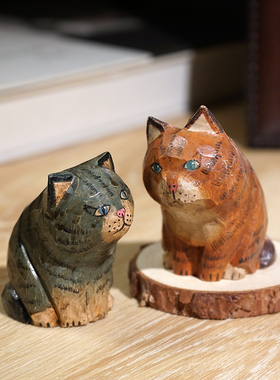 “交头接耳”歪头猫咪手工木雕