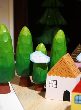 “云雾森林”手工木雕小摆件可爱卡通小屋绿树工位书柜桌面装饰品