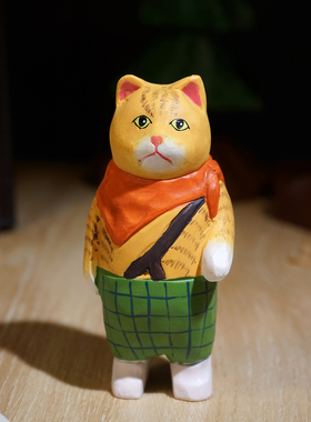 复古桔猫手工木雕小摆件卡通猫咪创意工位桌面电视书柜台面装饰品