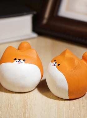 【清仓价】圆蛋柴犬实木雕刻小摆件卡通可爱治愈萌物书桌面装饰品