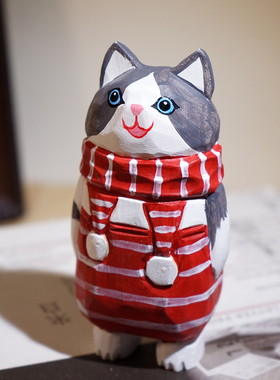 纳福红围脖猫手工木雕小摆件