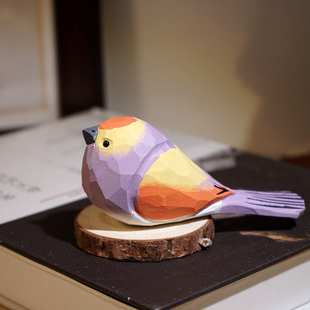 粉色小麻雀手工木雕小鸟摆件卡通可爱办公室电脑桌面家居装饰品