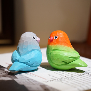 “卿卿我我”情侣鹦鹉手工木雕小摆件可爱鸟类桌面电视书柜装饰品