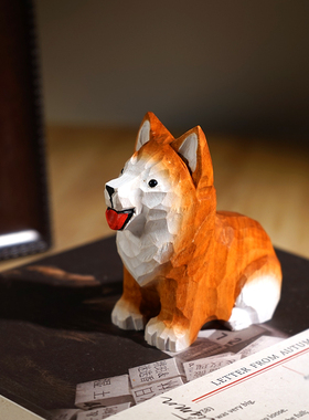 【少量清仓】柯基小狗手工木雕小摆件卡通动物公仔可爱木质雕刻