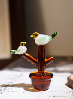 枝头对鸟|手工玻璃小摆件