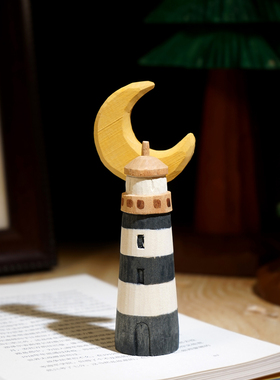 “月亮灯塔”手工木雕小摆件工位电脑书桌面家居创意艺术装饰品