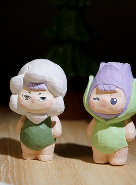 花野精灵手工木雕小摆件可爱卡通创意工位桌面治愈情绪装饰品礼物