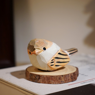 伯劳手工木雕小鸟摆件卡通可爱动物办公室电脑桌面实木雕刻装饰品