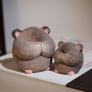 圆滚滚 饰 小耗子手工木雕小摆件办公室电脑桌台面工位创意布置装