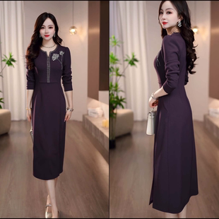 2026春季新款紫罗兰色肩部绣花精致气质优雅设计中长款打底连衣裙