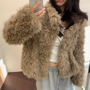 韩国东大门气质翻领仿羊毛皮草短外套女皮毛一体毛绒绒保暖大衣