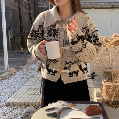 韩国圣诞复古小鹿提花毛衣