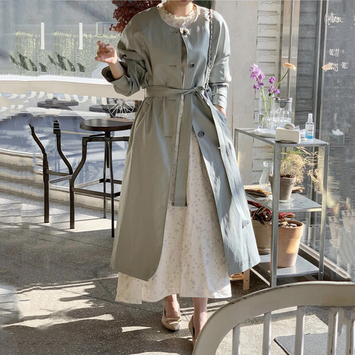 韩国英伦风收腰中长款风衣外套