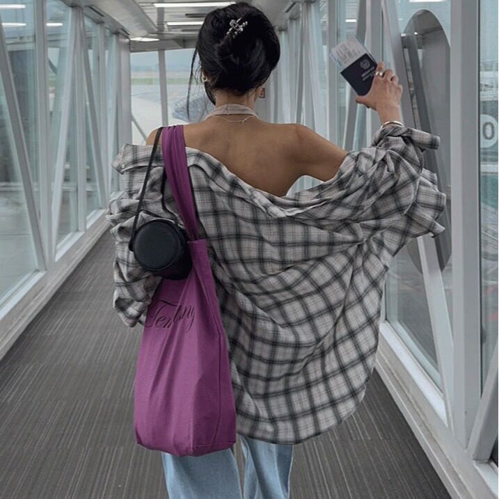 韩国松弛感复古格纹长袖衬衫