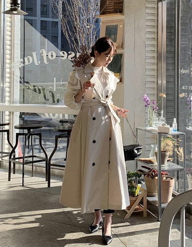 韩国法式双排扣过膝长款风衣