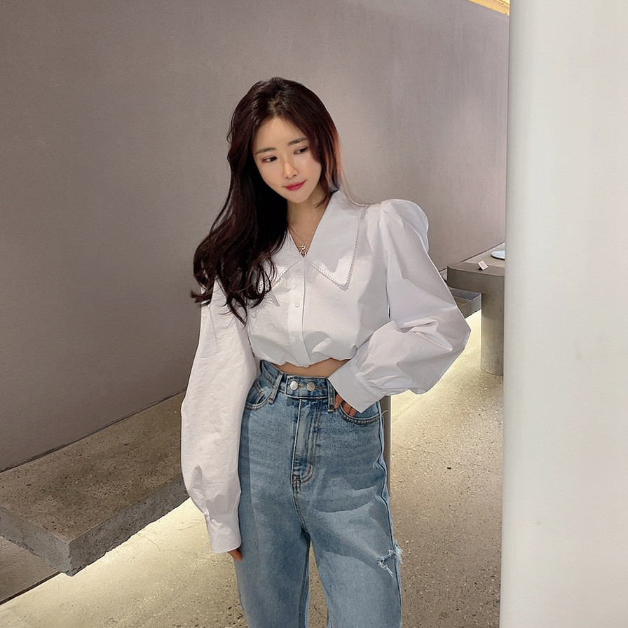 韩国东大门泡泡袖上衣娃娃领衬衫女气质设计感小众收腰短款衬衣