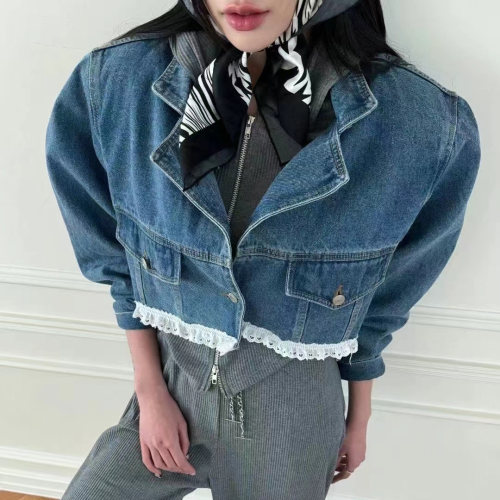 韩国蕾丝花边宽松短款牛仔外套女