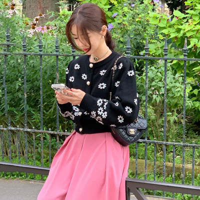 韩国珍珠纽扣提花针织毛衣