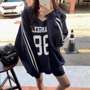 韩国东大门2024秋装复古美式宽松字母印花卫衣女慵懒中长款上衣