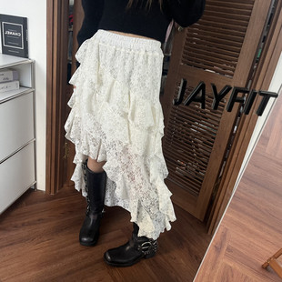 韩国东大门2026春装新款松紧腰不规则蕾丝花边中长款蛋糕半身裙女