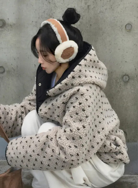 韩国东大门双面穿复古爱心提花连帽宽松羊羔毛加厚保暖棉服外套女