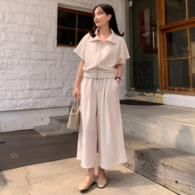 韩国拉链短袖卫衣女+阔腿休闲裤