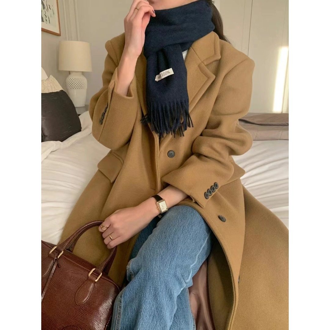 韩国东大门法式高级感气质西装领宽松百搭过膝长款毛呢外套女大衣,女装/女士精品,毛呢外套,淘宝优惠券,粉丝福利购,淘宝优惠卷