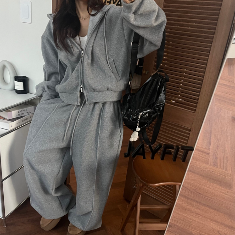 韩国毛绒连帽卫衣卫裤套装