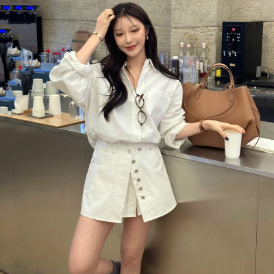 韩国假两件拼接衬衫连衣裙女